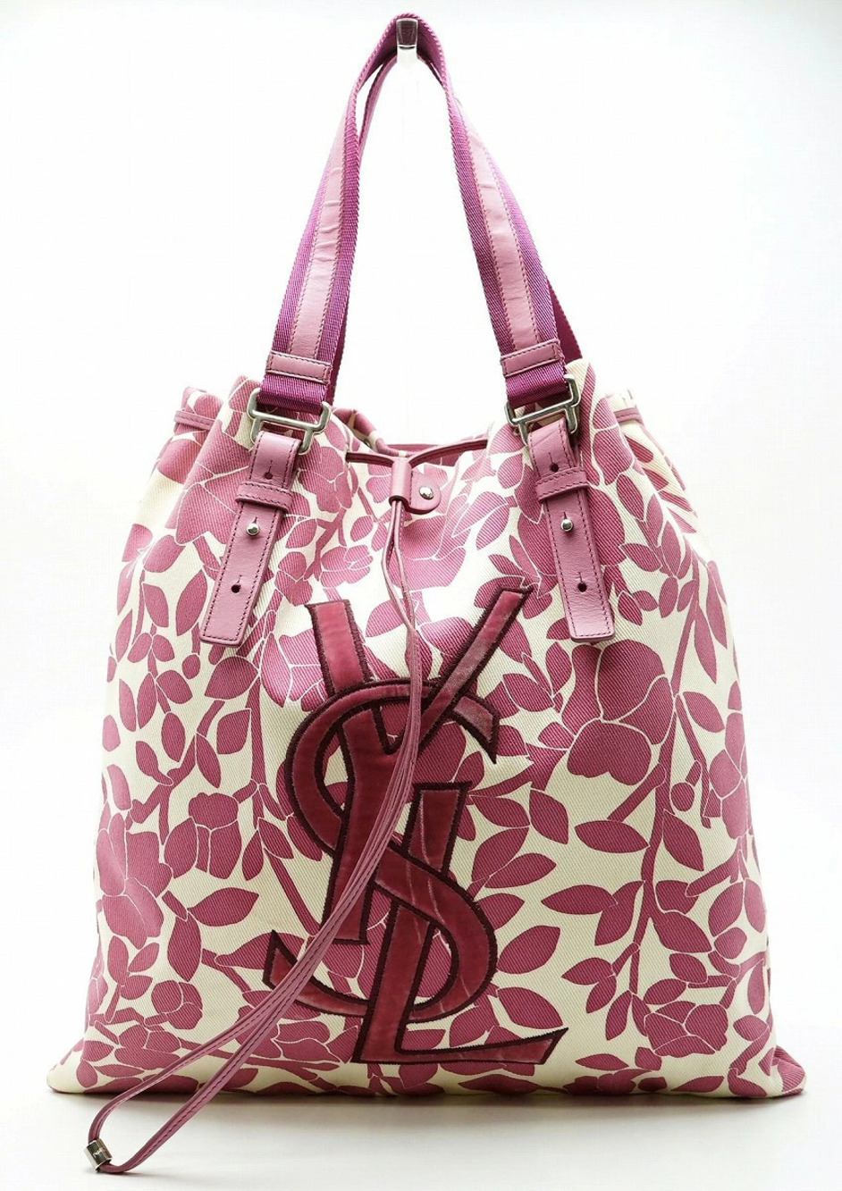 Saint Laurent Yves YSL Kahala Flower Tote Bag Handbag Gusset Off White Rose Pink